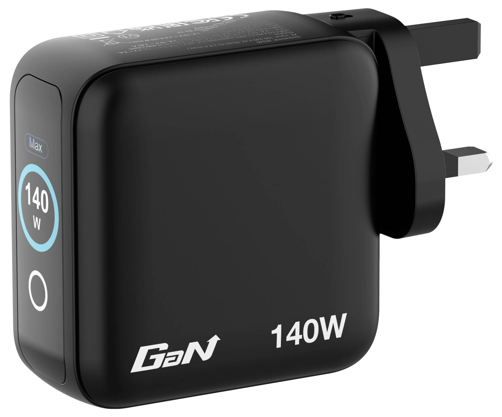 Ein schwarzes 140-W-GaN-Ladegerät mit UK-Stecker. Das Ladegerät zeigt „140W