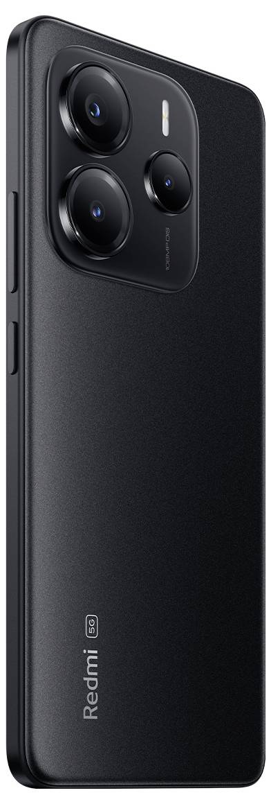 Ein elegantes, schwarzes Smartphone mit einer dreifachen Kameraeinrichtung auf der Rückseite und dem Text 