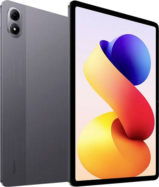 Graues Redmi-Tablet von vorne und hinten gezeigt, mit Dual-Rückkameras und farbenfrohem abstraktem Display.
