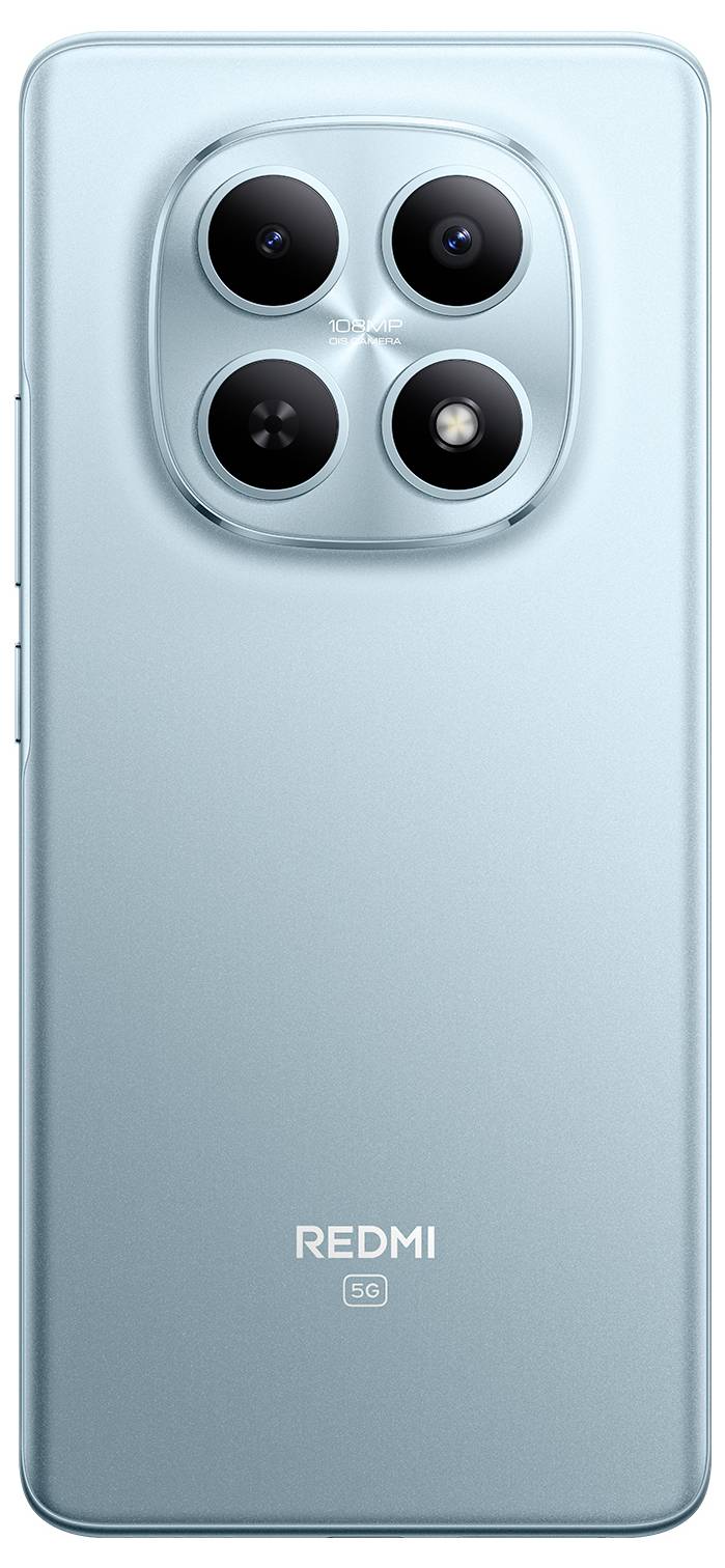 Ein hellblaues Smartphone mit einer Quad-Kamera auf der Rückseite, die das Wort „REDMI