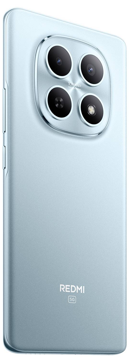 Ein elegantes, hellblaues Smartphone mit Rückseite, das ein Quad-Kamera-Setup und das 