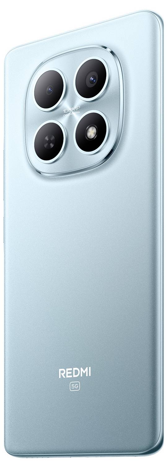 Ein Smartphone mit einer Quad-Kamera-Anordnung auf der Rückseite, in einer hellblauen Farbe, mit der Marke „Redmi 5G