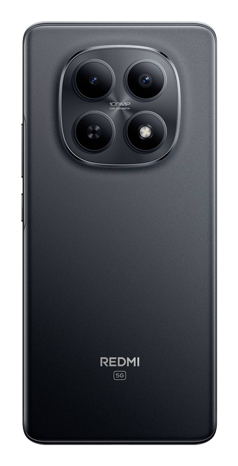 Ein Smartphone mit schwarzer matter Oberfläche, das auf der Rückseite ein Quad-Kamera-System zeigt. „Redmi 5G