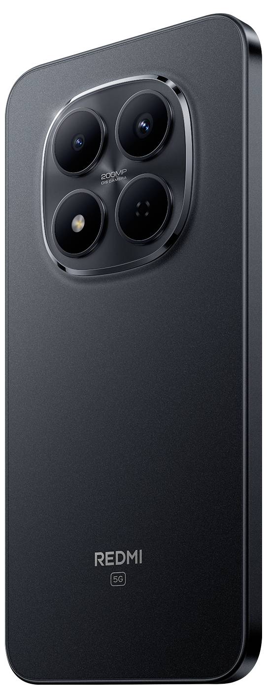 Ein elegantes schwarzes Smartphone mit vier rückseitigen Kameras in quadratischer Anordnung, mit der Markenbezeichnung „REDMI 5G