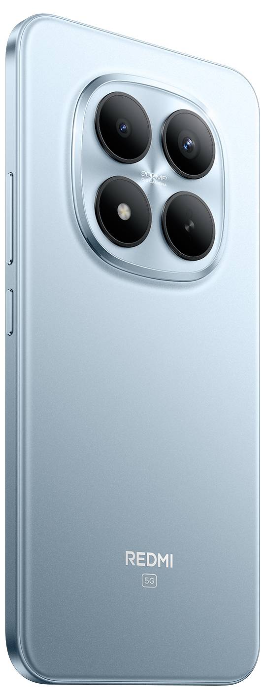 Ein elegantes silbernes Smartphone mit rechteckiger Form, das vier rückseitige Kameras auf einem erhabenen Modul aufweist, und der Markenname „Redmi