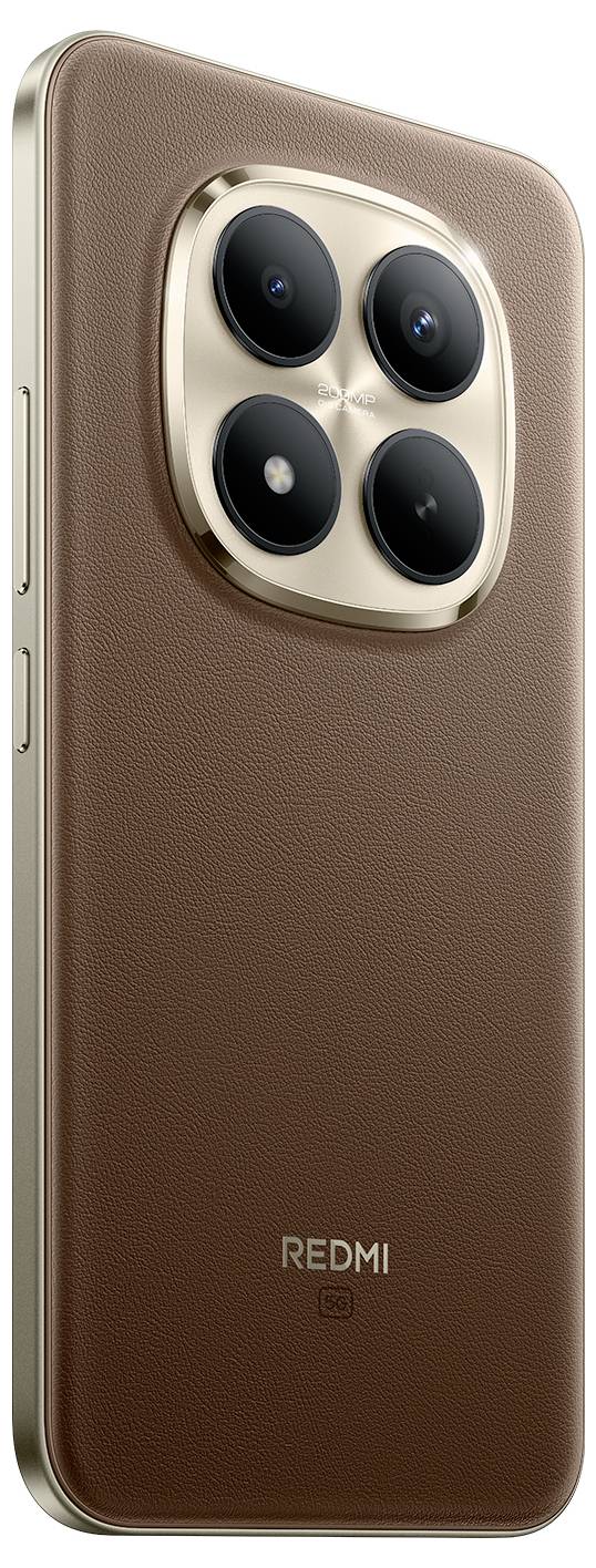 Ein Smartphone mit einer Quad-Kamera-Anordnung auf der Rückseite, mit einer braunen strukturierten Oberfläche und der Marke „Redmi
