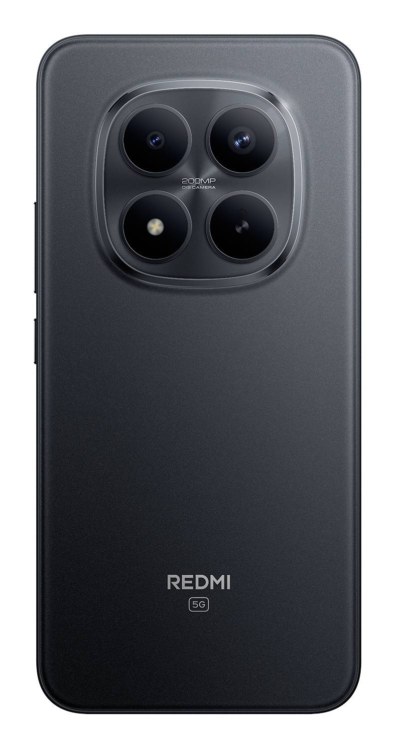Ein schwarzes Smartphone mit vier rückseitigen Kameras, die in einem Quadrat angeordnet sind. Das Logo „REDMI 5G