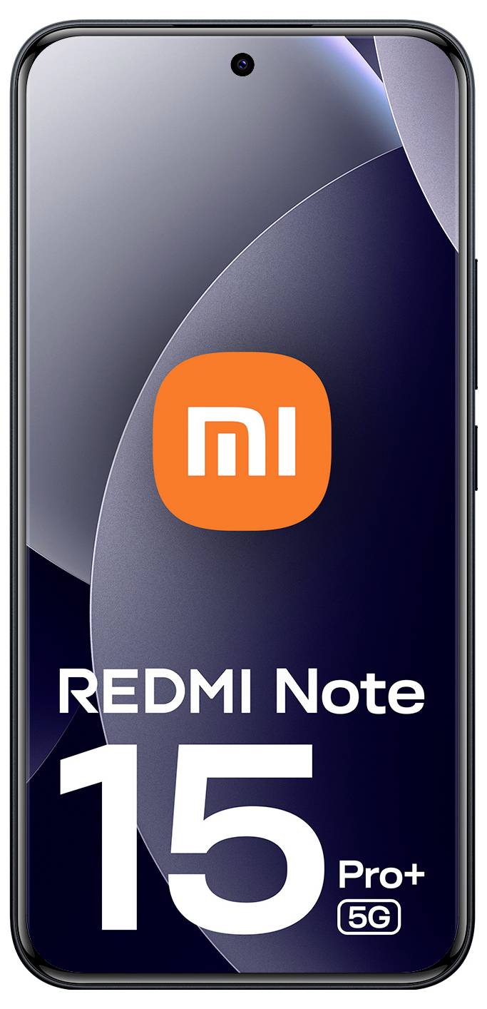 'REDMI Note 15 Pro+ 5G' Smartphone mit einem frontseitigen Display, wobei das Markenlogo in der Mitte oben angebracht ist.