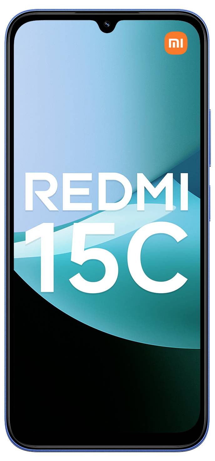 Smartphone mit einem blaugrünem Farbverlauf-Display, auf dem der Text „REDMI 15C