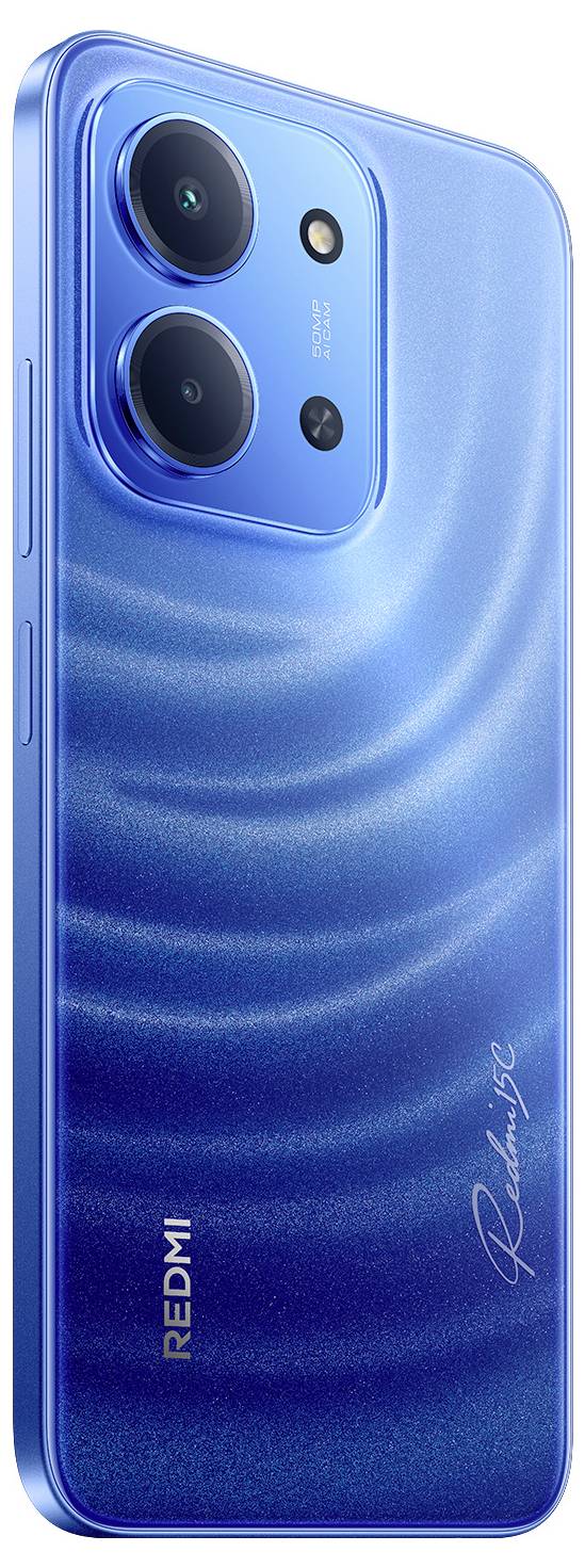 Ein schlankes blaues Smartphone mit Dual-Kameras, der Marke „Redmi