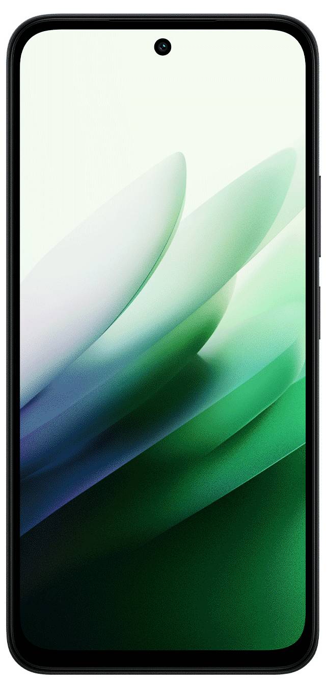 Ein Smartphone mit schwarzem Rahmen zeigt ein digitales Kunstwerk mit überlappenden, halbtransparenten grünen und weißen Blütenblättern auf seinem Bildschirm an.