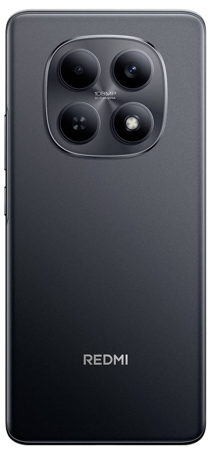 Ein elegantes, schwarzes Redmi-Smartphone aus der Rückansicht mit einem Quad-Kamera-Setup in der oberen Mitte.