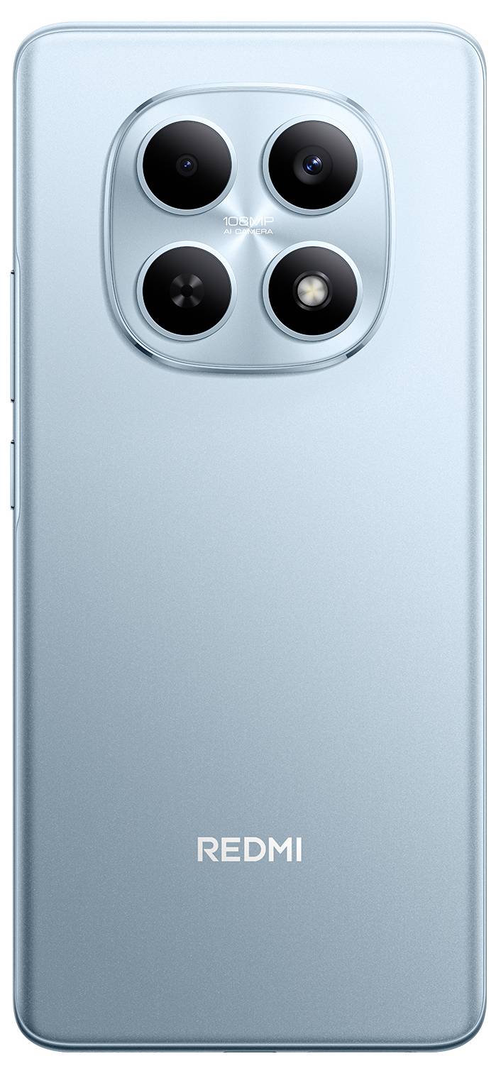 Ein Smartphone mit hellblauem Rücken verfügt über vier Kameraobjektive, die in einem quadratischen Muster über dem Markennamen „REDMI