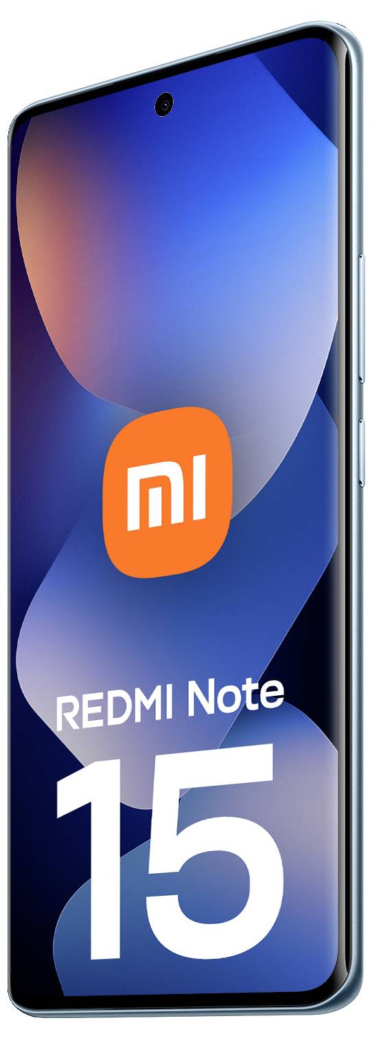 Ein Smartphone mit gekrümmtem Display; zeigt das Modell „REDMI Note 15