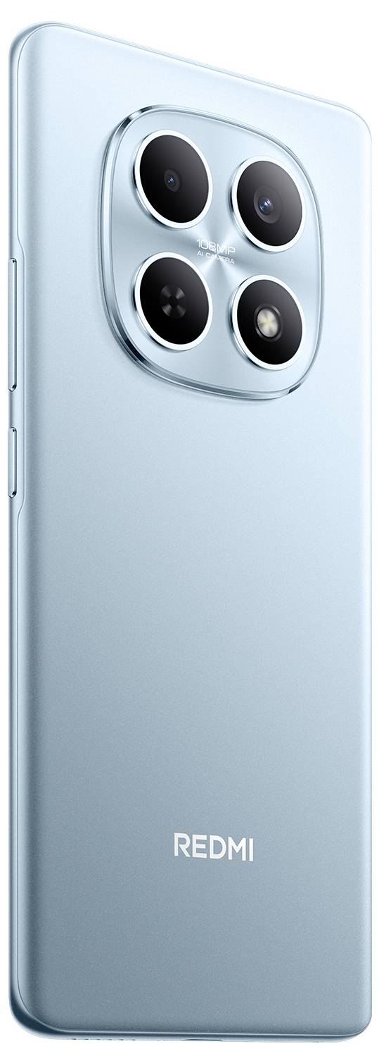 Ein schlankes, blaues Smartphone mit einer Quad-Kamera-Anordnung auf der Rückseite, vertikal positioniert mit minimalem Design und 