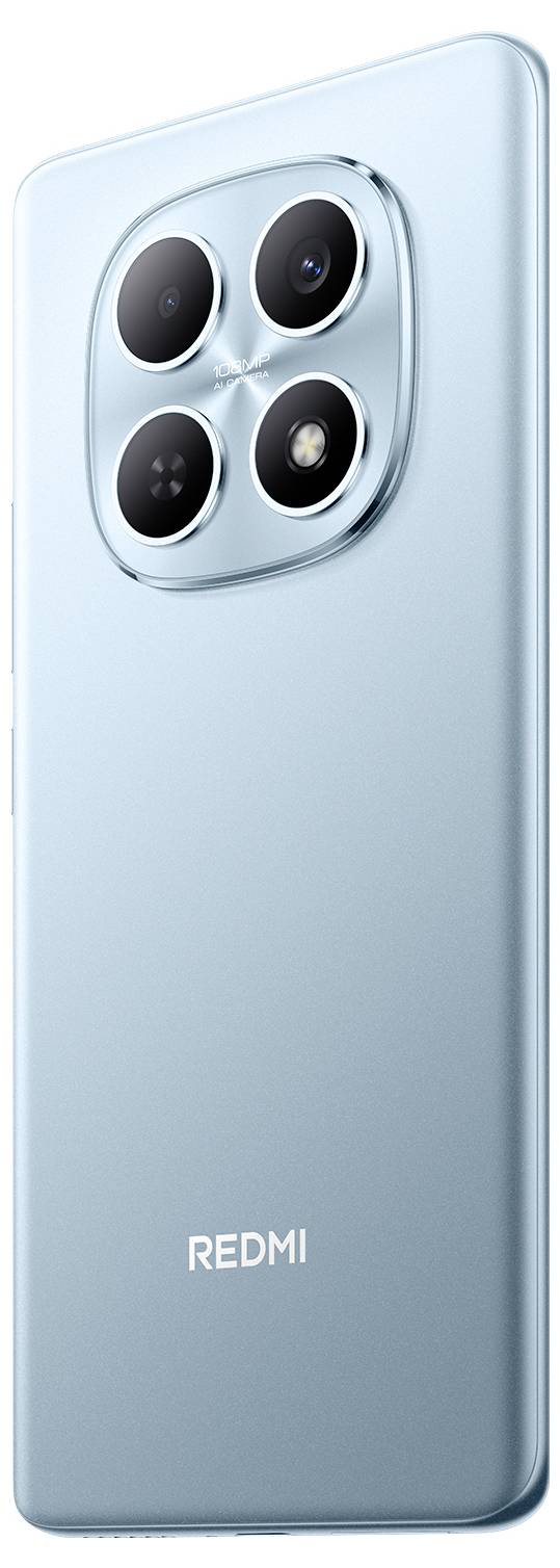 Ein elegantes, hellblaues Smartphone der Marke 'Redmi' verfügt auf der oberen Rückseite über ein Quad-Kamera-System.
