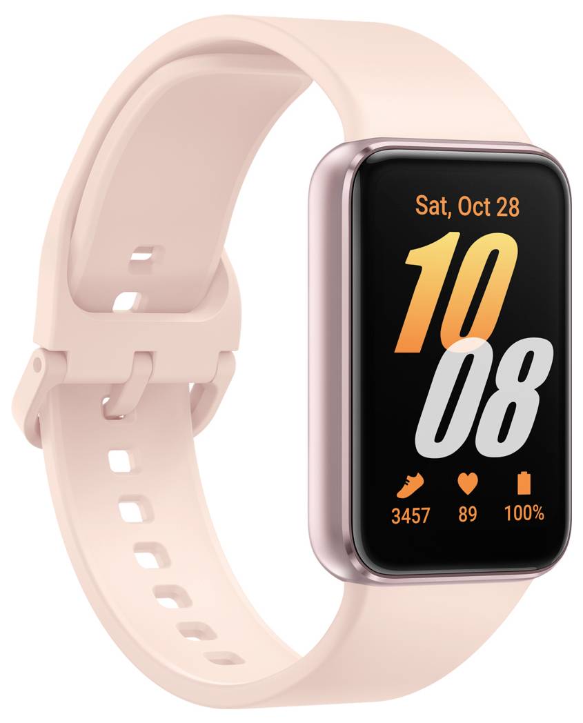 Eine schwarze digitale Smartwatch mit einer Analoguhr-Anzeige mit weißen Zeigern und orangefarbenem Sekundenzeiger auf einem schwarzen Rundzifferblatt, von oben betrachtet.