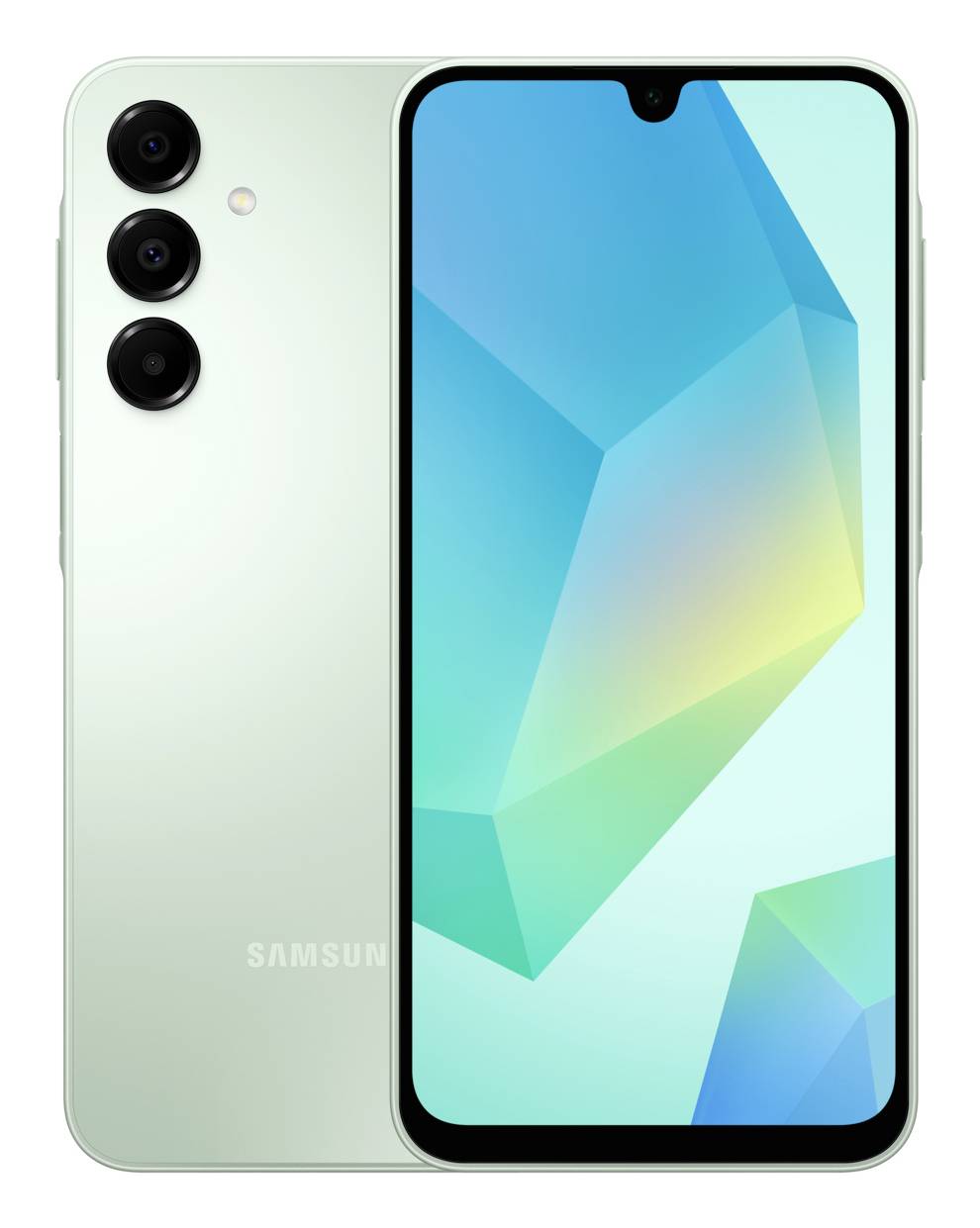 Ein silbernes Smartphone, das auf dem Bildschirm ein farbenfroches geometrisches Muster anzeigt. Auf der Rückseite sind drei Rückkameras sichtbar.