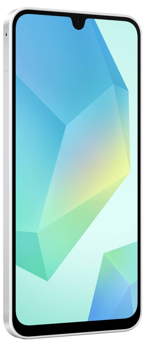 Ein Smartphone mit einem geometrischen Design auf seinem Bildschirm und einer eleganten, silbernen Umrandung.