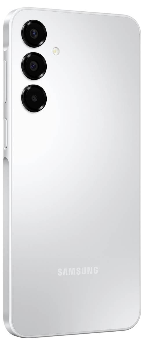 Silbernes Smartphone mit drei Rückfahrtkameras, Samsung-Branding und schlankem Design.