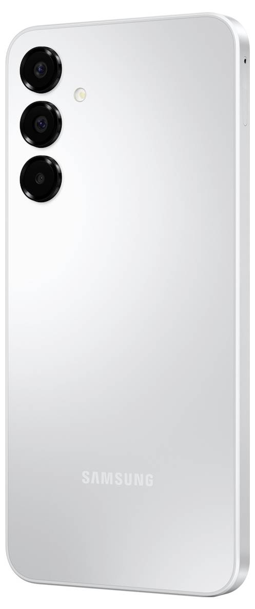 Ein silbernes Smartphone mit drei rückwärtigen Kameras und einem LED-Blitz, mit einem eleganten, minimalistischen Design und dem Markennamen auf der Rückseite.