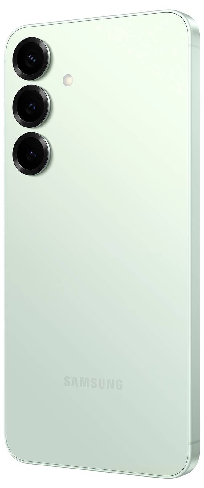 Mintgrünes Smartphone mit drei rückseitigen Kameras in der oberen linken Ecke, neben einem Blitz. Der Name der Marke ist in der Nähe des unteren Randes geprägt.