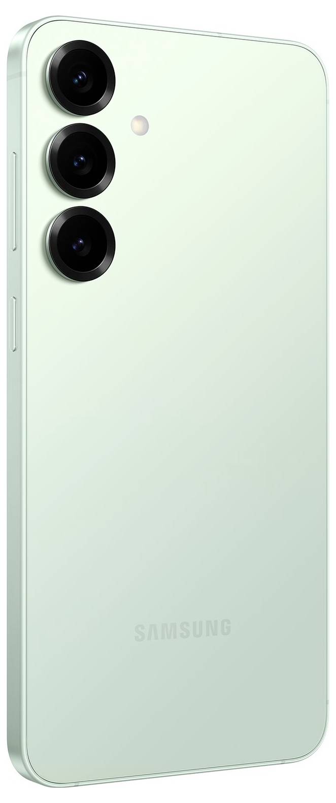 Ein grünes Smartphone mit drei hintereinander angeordneten Rückfahrkameras in vertikaler Ausrichtung. Das Telefon hat ein elegantes Design mit einer minimalistischen Rückseite, auf der das Logo „Samsung