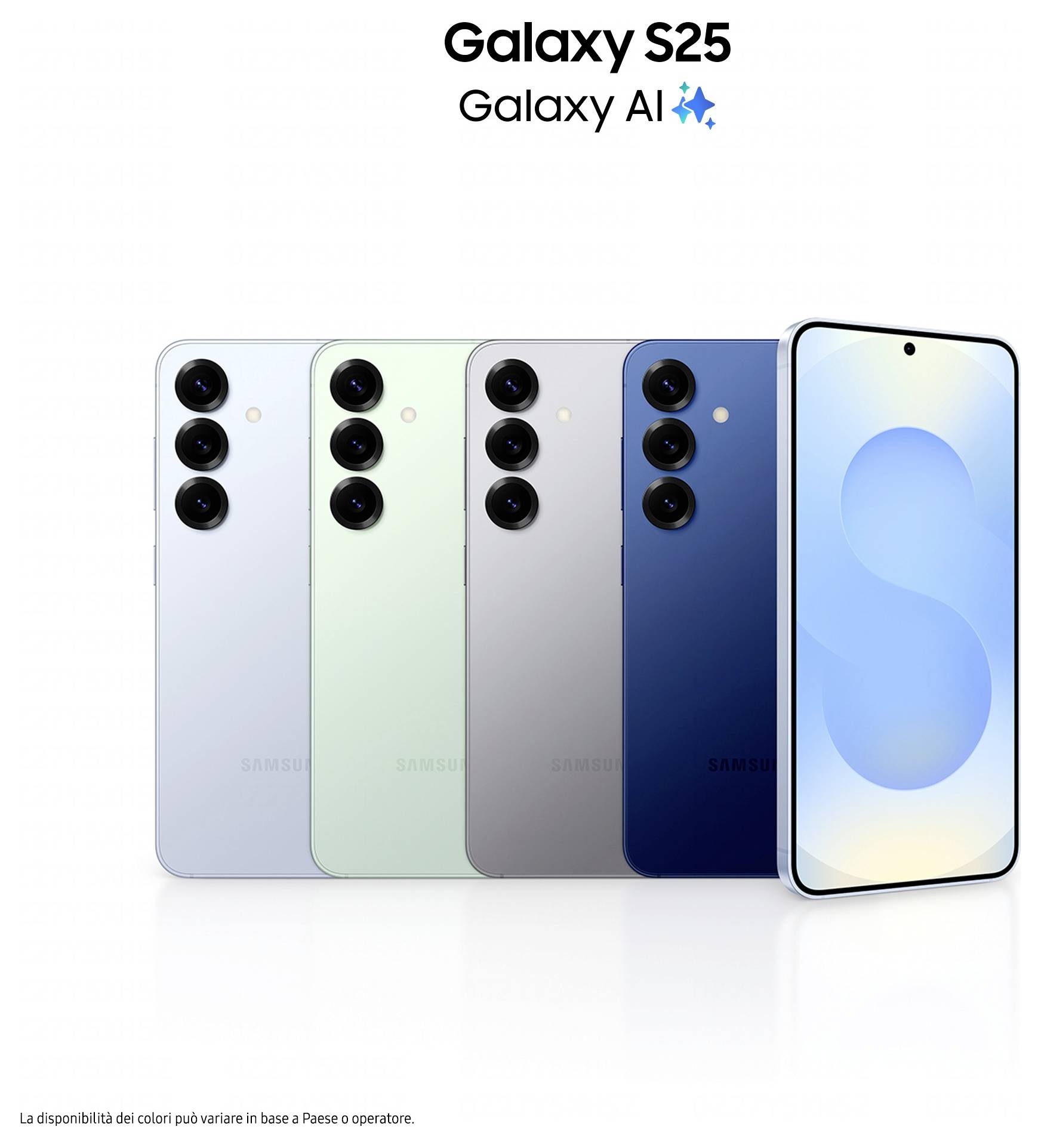 Samsung Galaxy S25 Smartphones in verschiedenen Farben mit Vorderansicht des Bildschirms und drei rückwärtigen Kameras. Text: „Galaxy S25, Galaxy AI.