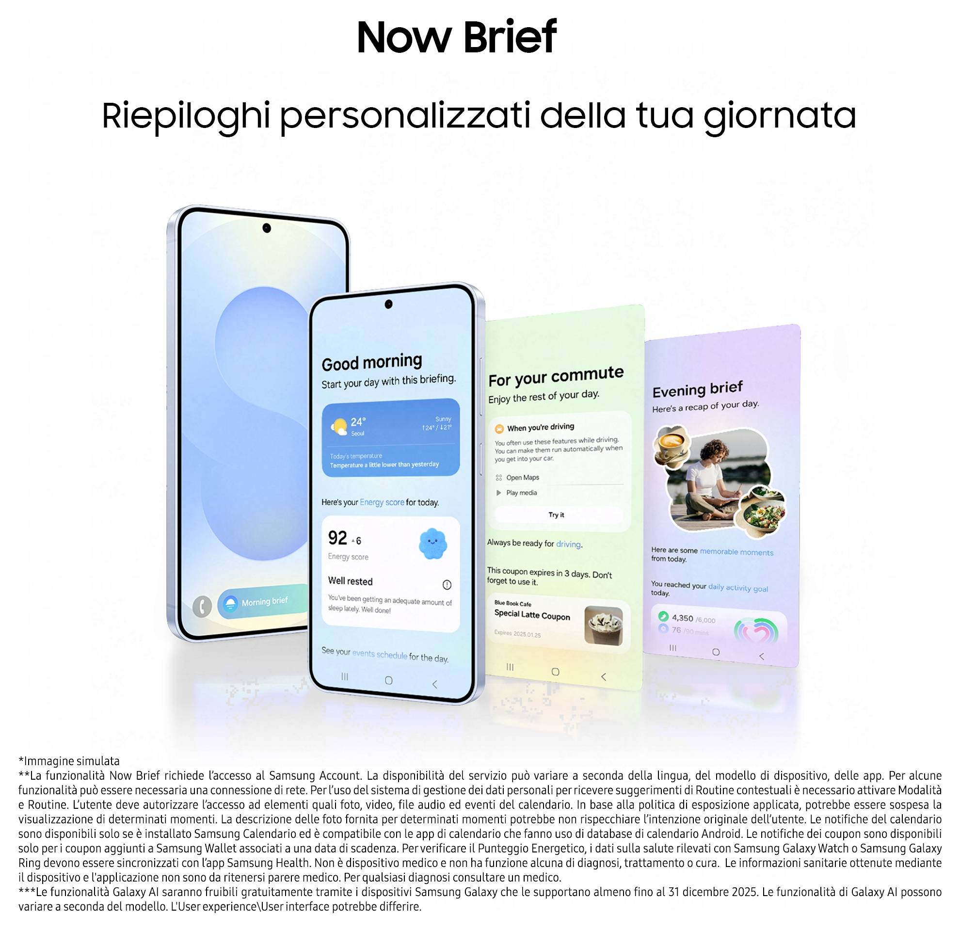 Ein Smartphone mit drei Bildschirmen, die Morgen-, Pendelzeit- und Abendzusammenfassungen anzeigen, mit personalisierten Apps und Zusammenfassungen auf Italienisch.