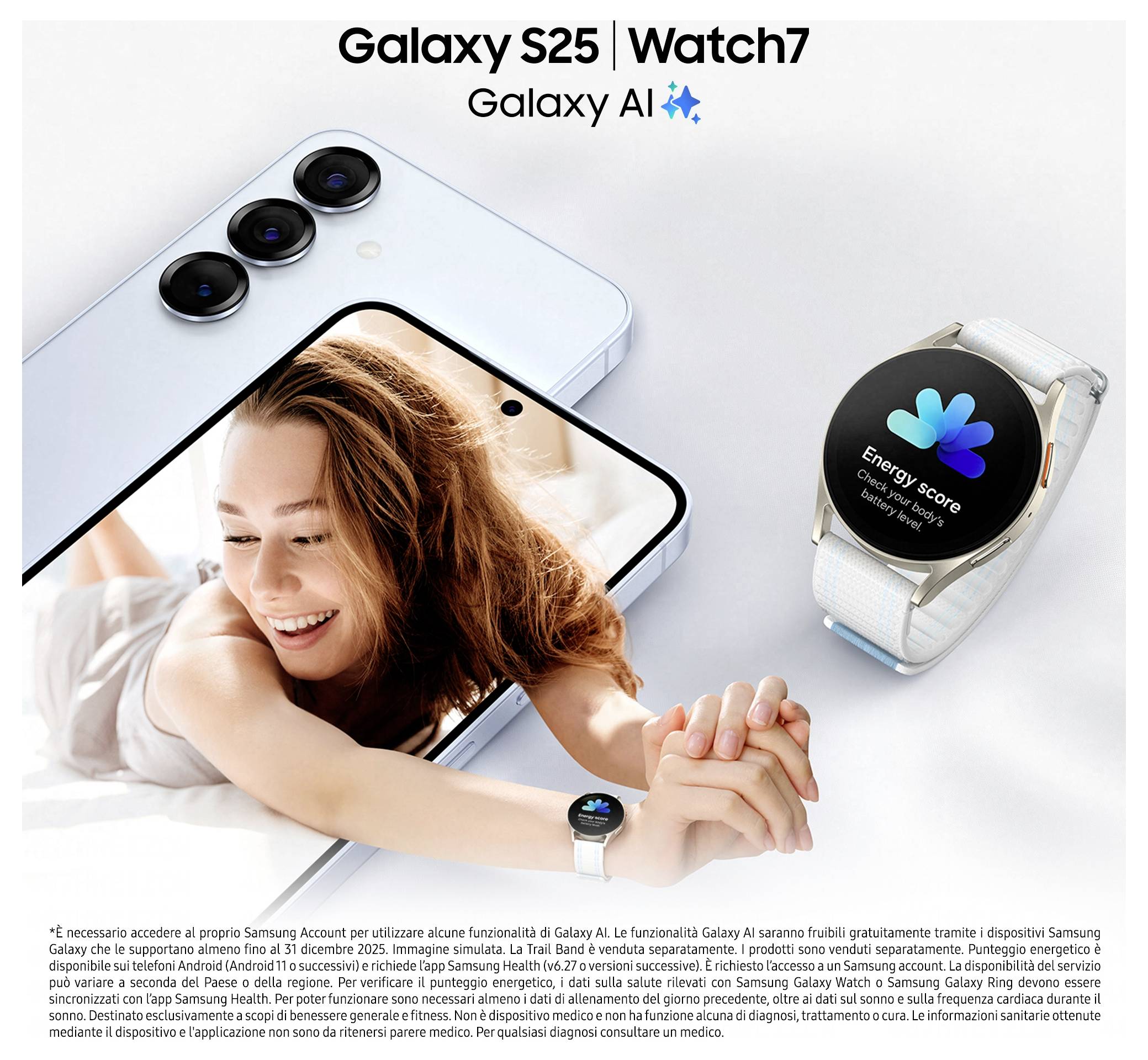 Bild des Samsung Galaxy S25 und Watch7. Das Telefon mit dreifacher Kamera und die Smartwatch zeigt 