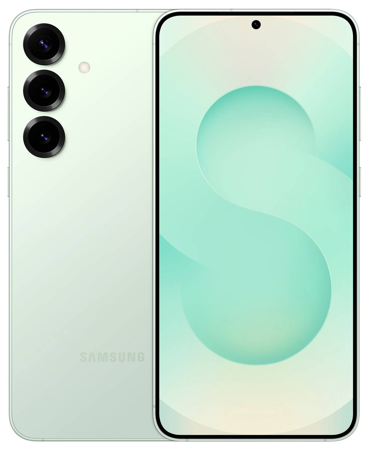 Nahaufnahme der Seitenansicht eines hellmintgrünen Smartphones, die seine dünne Kante und seitliche Tasten zeigt.