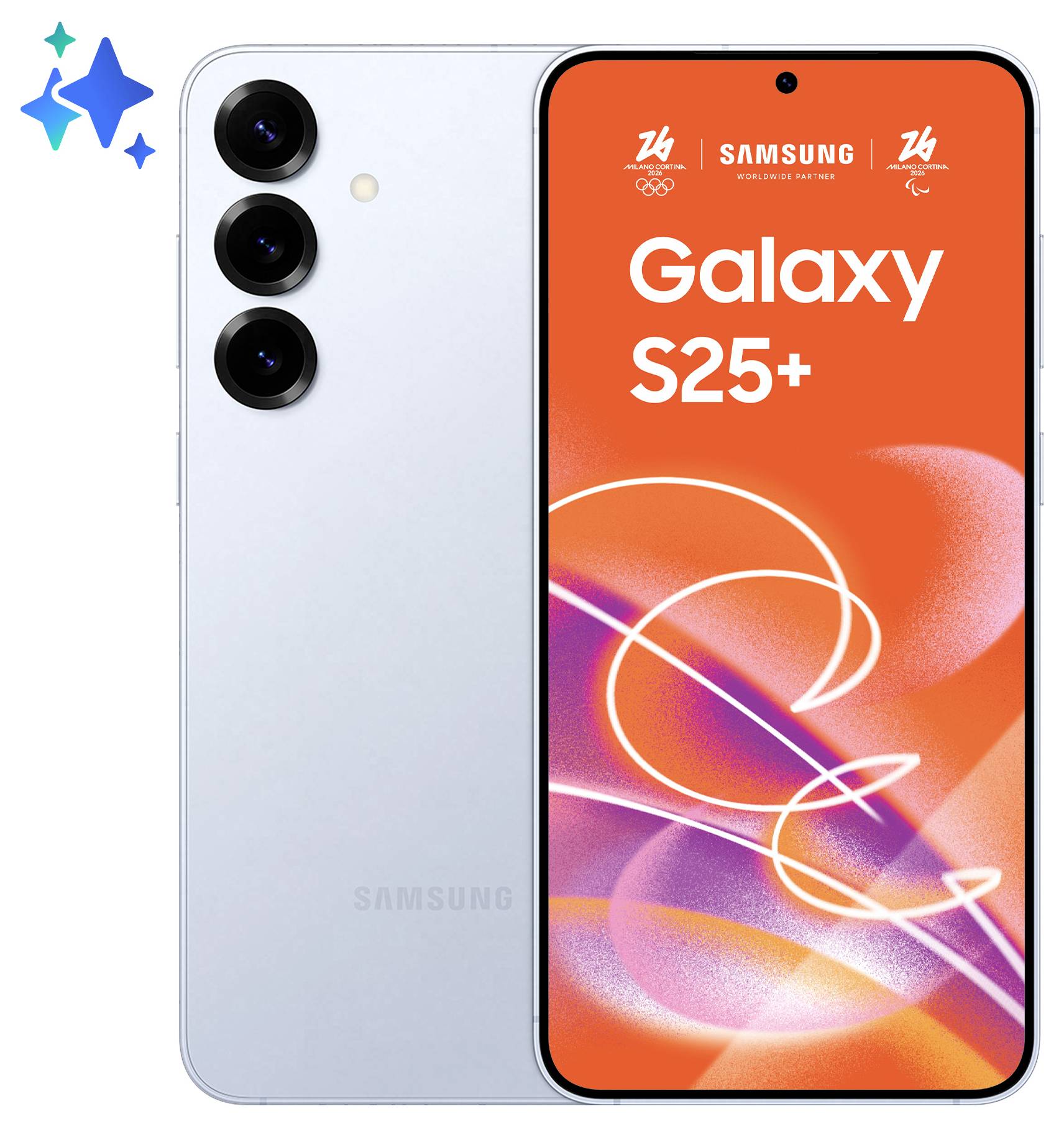 Samsung Galaxy S25+ Smartphone, silberfarben mit drei rückseitigen Kameras und orangefarbenem Bildschirm, der die Marke 