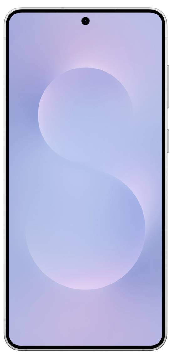 Ein Smartphone mit schlankem Design und minimalem Rahmen, mit einer zentrierten Frontkamera auf einem Bildschirm in sanfter Pastellfarbe.