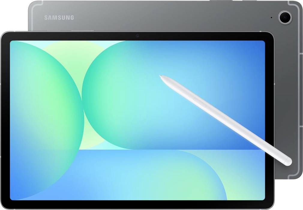 Samsung-Tablet von vorne und von hinten gezeigt mit einem weißen Stift, der diagonal über dem Bildschirm ruht.