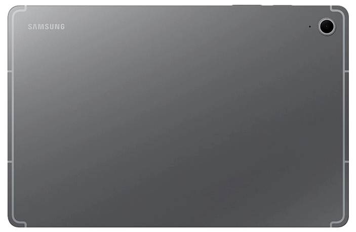 „Samsung-Tablet, Rückansicht, mit einer Kamera in der oberen rechten Ecke und einer eleganten, metallischen Oberfläche.