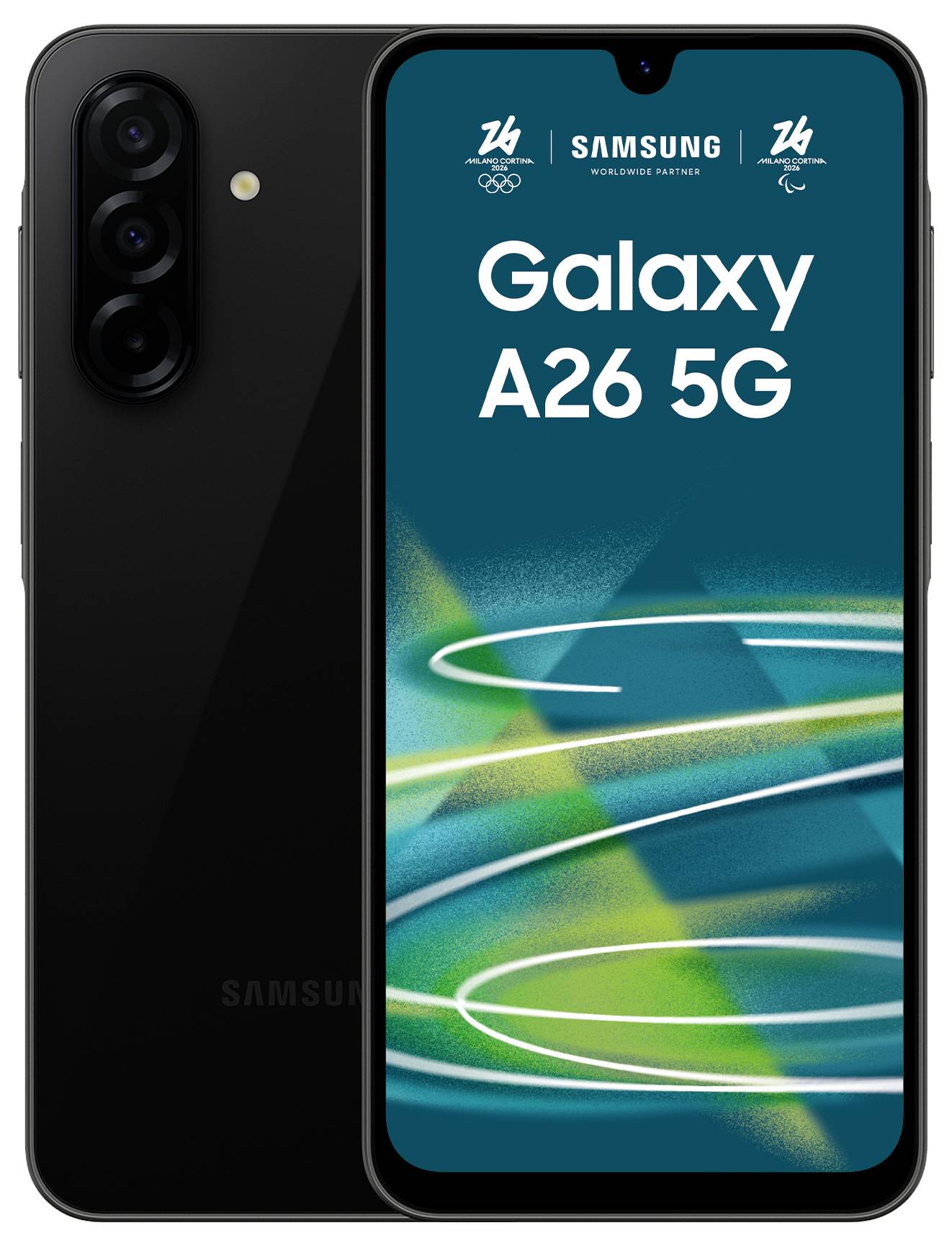 Das Bild zeigt ein schwarzes Samsung Galaxy A26 5G Smartphone mit leuchtendem Display, das abstrakte grüne und blaue Grafiken und den Text „Galaxy A26 5G