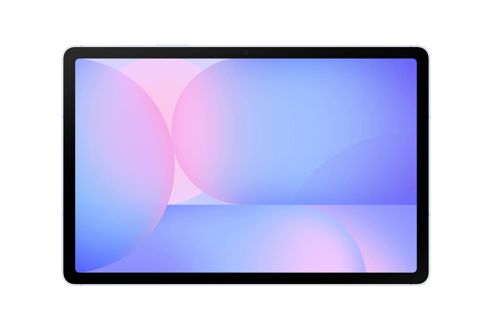 Ein Tablet mit schwarzem Rahmen, das einen lebendigen abstrakten Hintergrund mit überlappenden rosa und blauen Kreisen auf einem blauen Farbverlauf anzeigt.