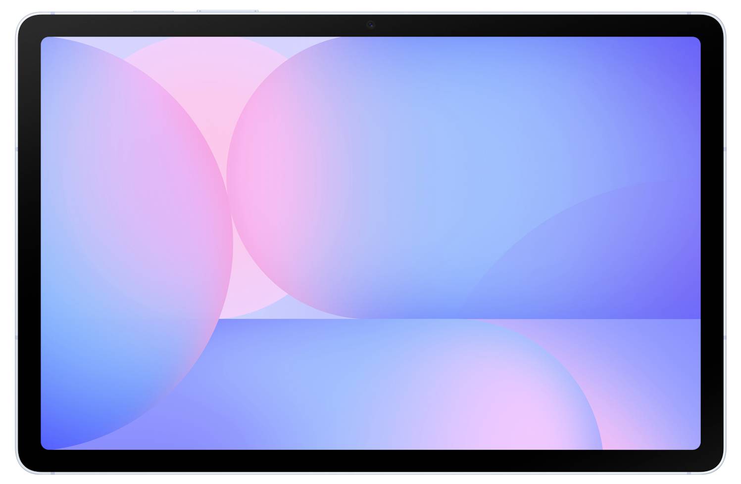 Ein Tablet, das ein minimalistisches Hintergrundbild mit überlappenden pastellblauen und rosa Kreisen mit Gradienteneffekt anzeigt.