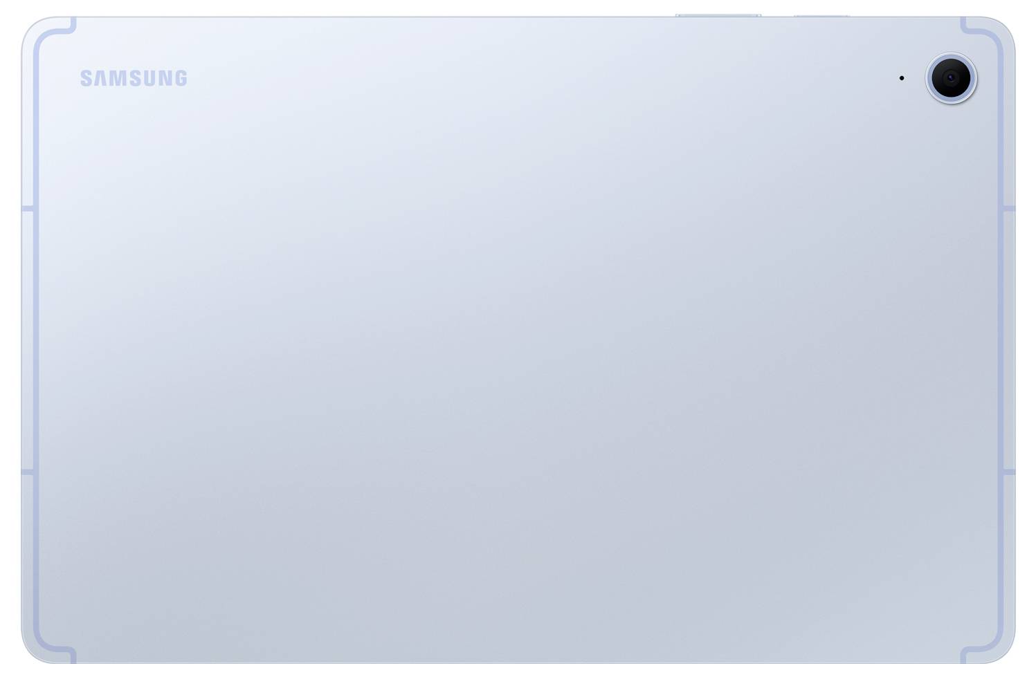 Eine silberne Tablette mit einer einzelnen rückseitigen Kamera in der oberen rechten Ecke, mit Samsung-Logo oben links.
