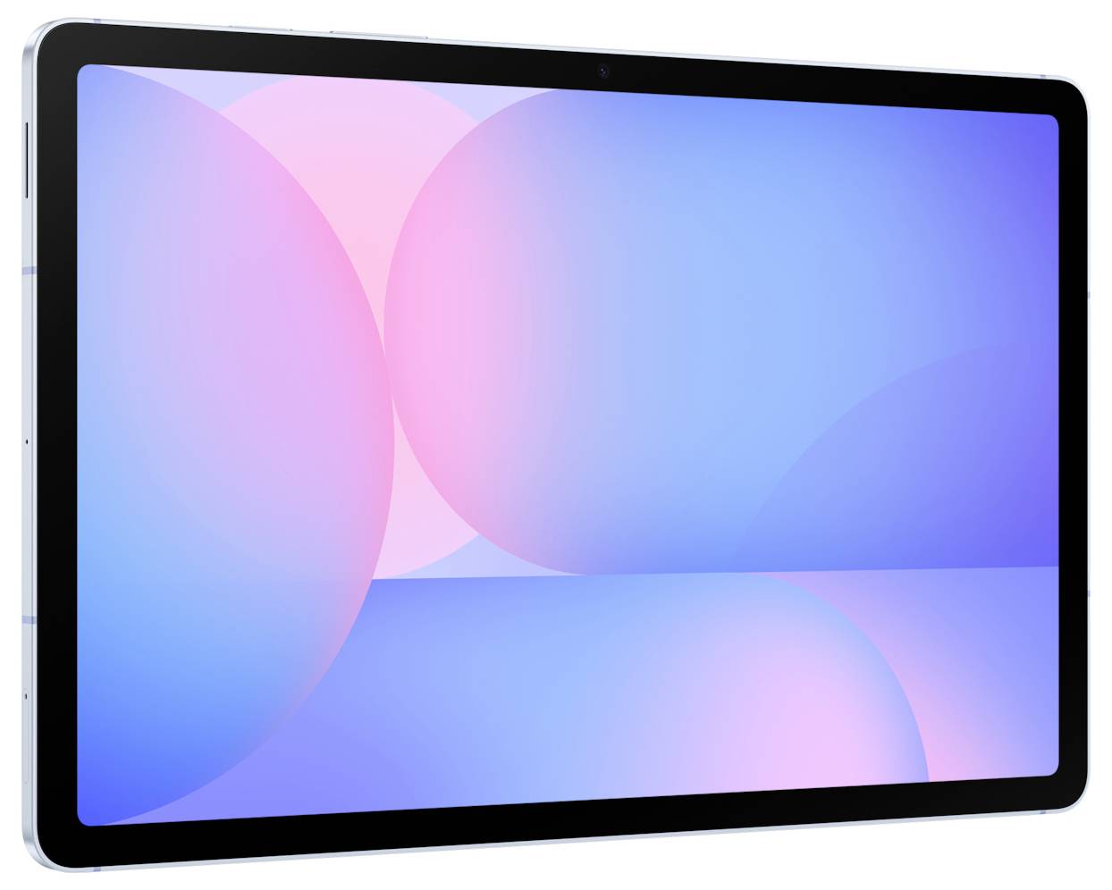 Ein Tablet mit einem bunten, abstrakten Display mit überlappenden Kreisen in Blau- und Rosatönen, leicht angewinkelt dargestellt.