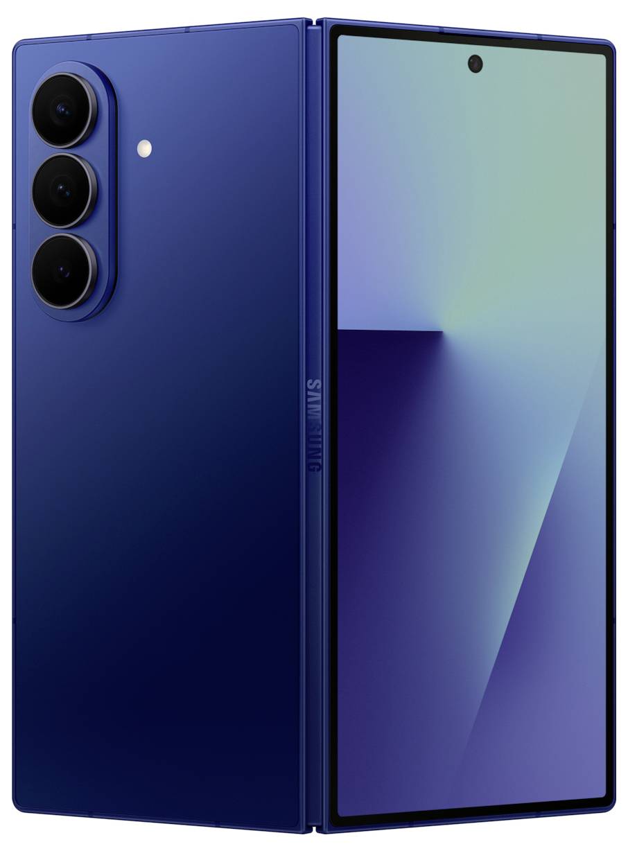Ein blaues Falt-Smartphone, teilweise geöffnet, mit einem subtilen Gradienten-Bildschirm. Auf der Rückseite sind drei Rückkameras und ein Blitzlicht sichtbar.