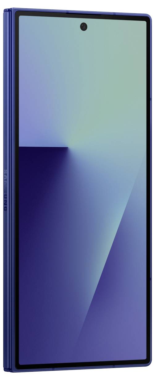 Ein elegantes Smartphone mit großem, randlosem Display, das auf blauem Farbverlauf ein subtiles, S-förmiges Muster zeigt.