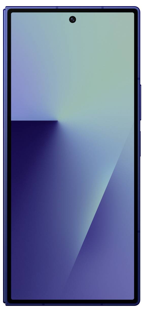 Ein Smartphone mit einem Vollbild-Display, das einen Farbverlauf von Blau zu Grün zeigt, mit einer zentrierten Frontkamera oben.