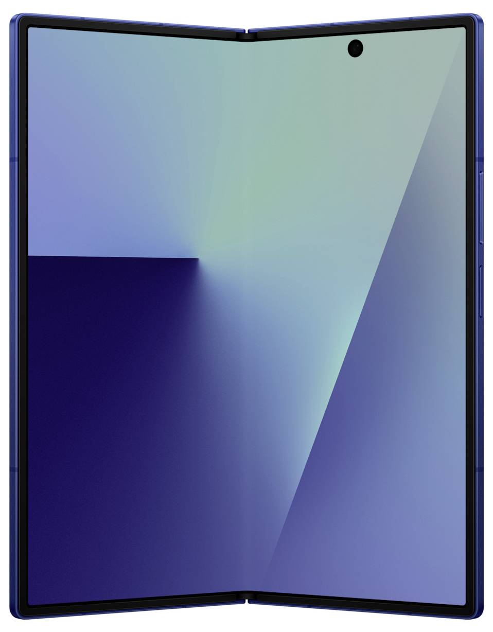 Ein teilweise aufgeklapptes Faltsmartphone, das einen Farbverlauf mit hellen und dunklen Blautönen anzeigt und die Vielseitigkeit des Geräts hervorhebt.