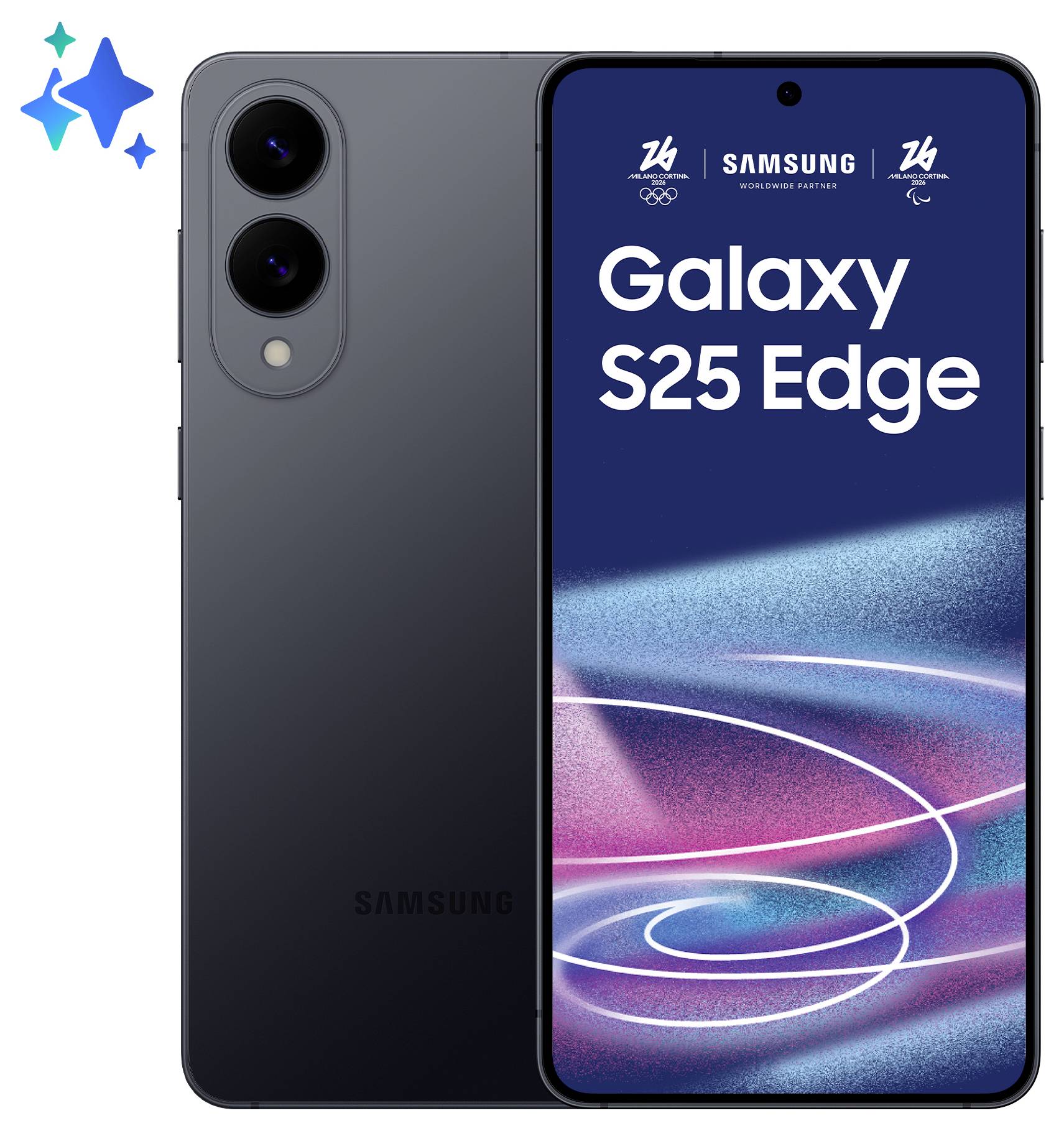 Samsung Galaxy S25 FE Smartphone in Blau mit Triple-Kamera-Setup und Display mit Branding.