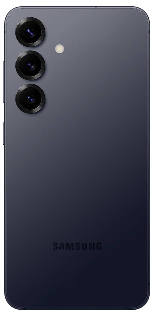 Ein elegantes schwarzes Smartphone mit drei vertikal ausgerichteten Rückkameras und einem LED-Blitz neben ihnen. Das Logo ist in der Nähe des unteren Endes eingeprägt.