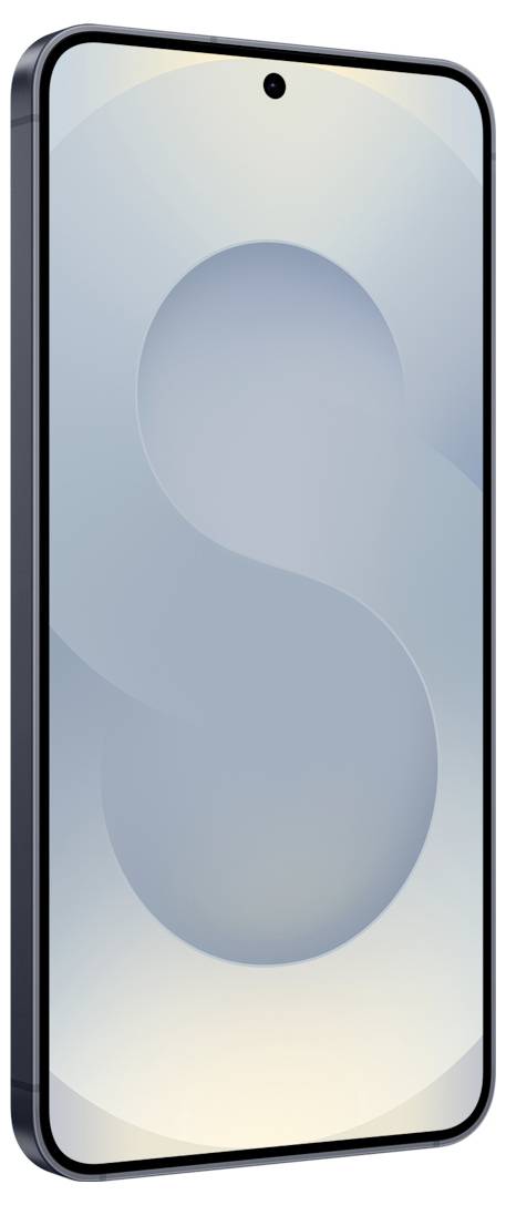 Ein elegantes weißes Smartphone mit dreifacher Rückkamera und einem lebendigen, abstrakten Display, das eine Mischung aus blauen und grünen geometrischen Formen zeigt.