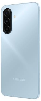 Ein hellblaues Smartphone von der Seite gesehen, mit Lautstärkereglern und einer Kamerawölbung.