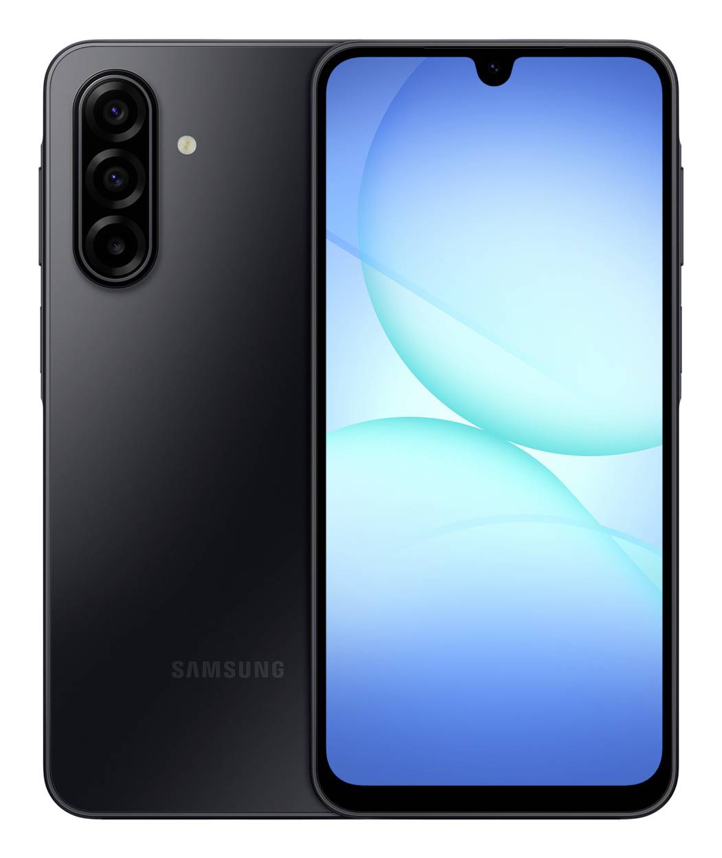 Ein blaues Smartphone mit großem, entfaltetem Bildschirm, das einen Farbverlaufshintergrund anzeigt. Auf der Seite sind drei hintere Kameraobjektive sichtbar.