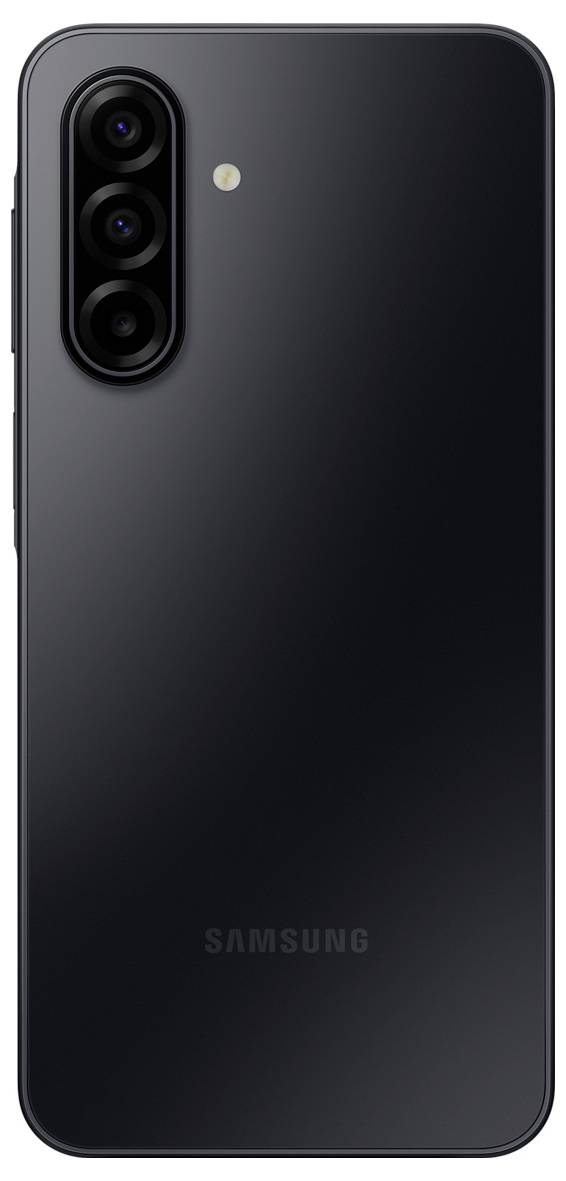 Rückansicht eines schwarzen Smartphones mit dreifacher Kameraanordnung und einzelnem LED-Blitz oben links, Logo 